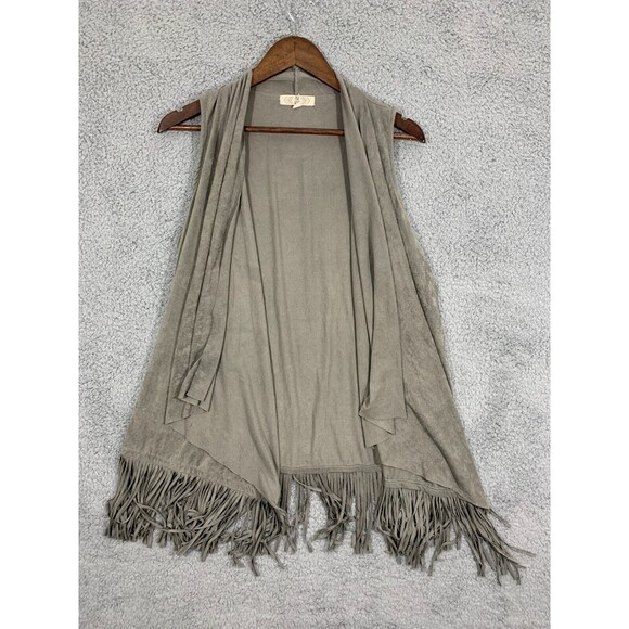 Large (L) Pink Rose Gray Faux Suede Microfiber Fringe Kimono Cardigan Vest - Picture 6 of 16